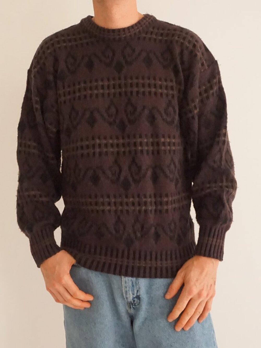 Vintage Peter England Brown Black Tonal Geometric Diamond Pattern Knit Sweater L